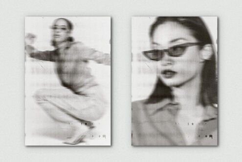 Grainy black-white split with blurred motion shot left, sharp portrait right