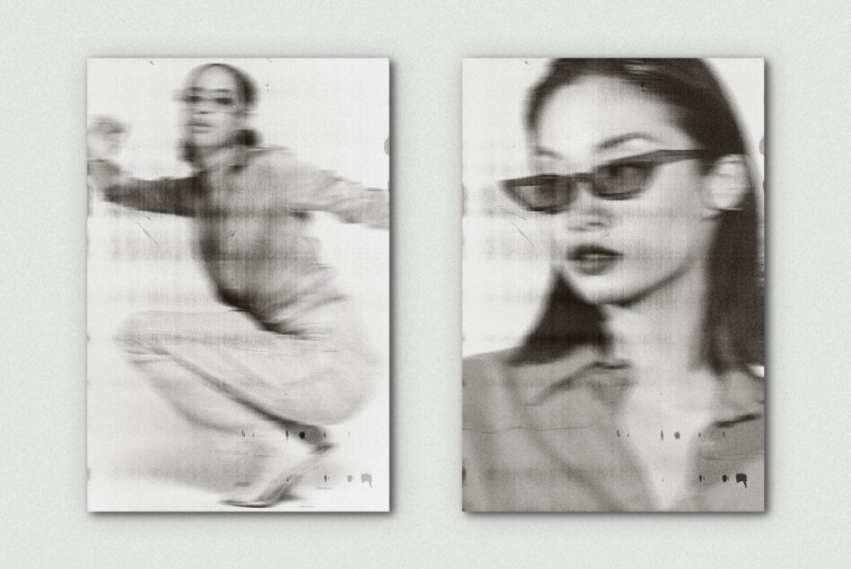 Grainy black-white split with blurred motion shot left, sharp portrait right