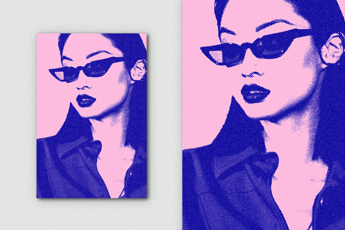 Two halftone portrait panels with pink background, blue pixelated faces with sunglasses