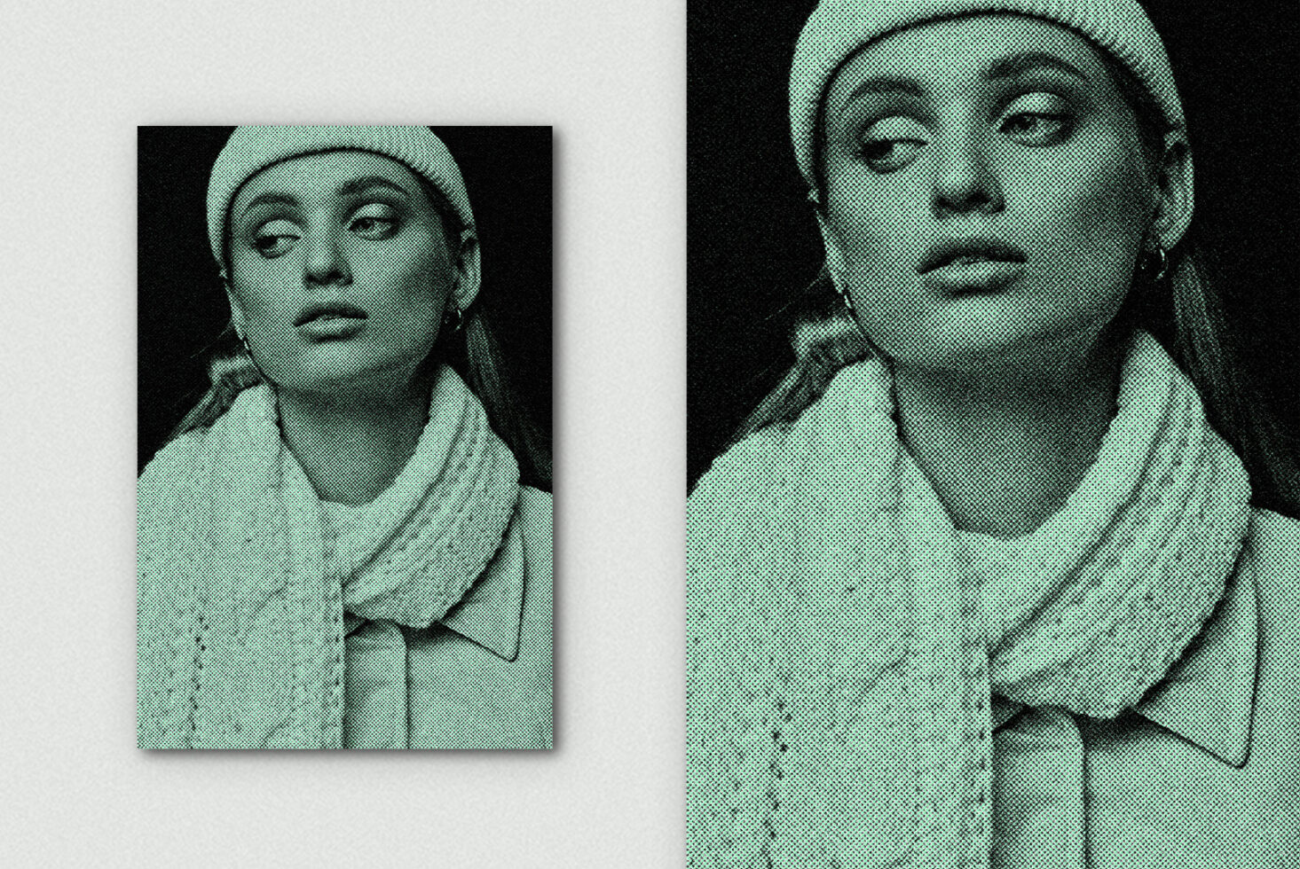 Split layout with halftone portraits, woman in beanie on black background left
