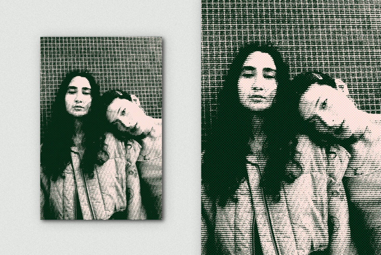 Halftone portrait mockup with two women, green textured background, print on canvas shown in different sizes