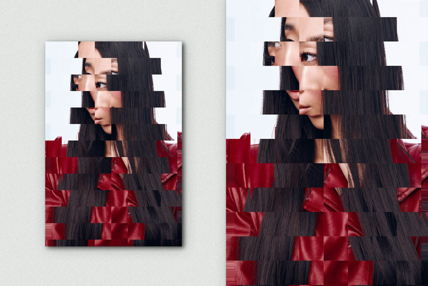 Pixelated glitch portrait with horizontal offset color blocks red white black