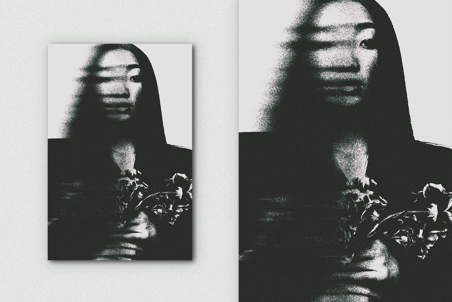 Glitch art portrait with offset fragmented blocks against bright blue background