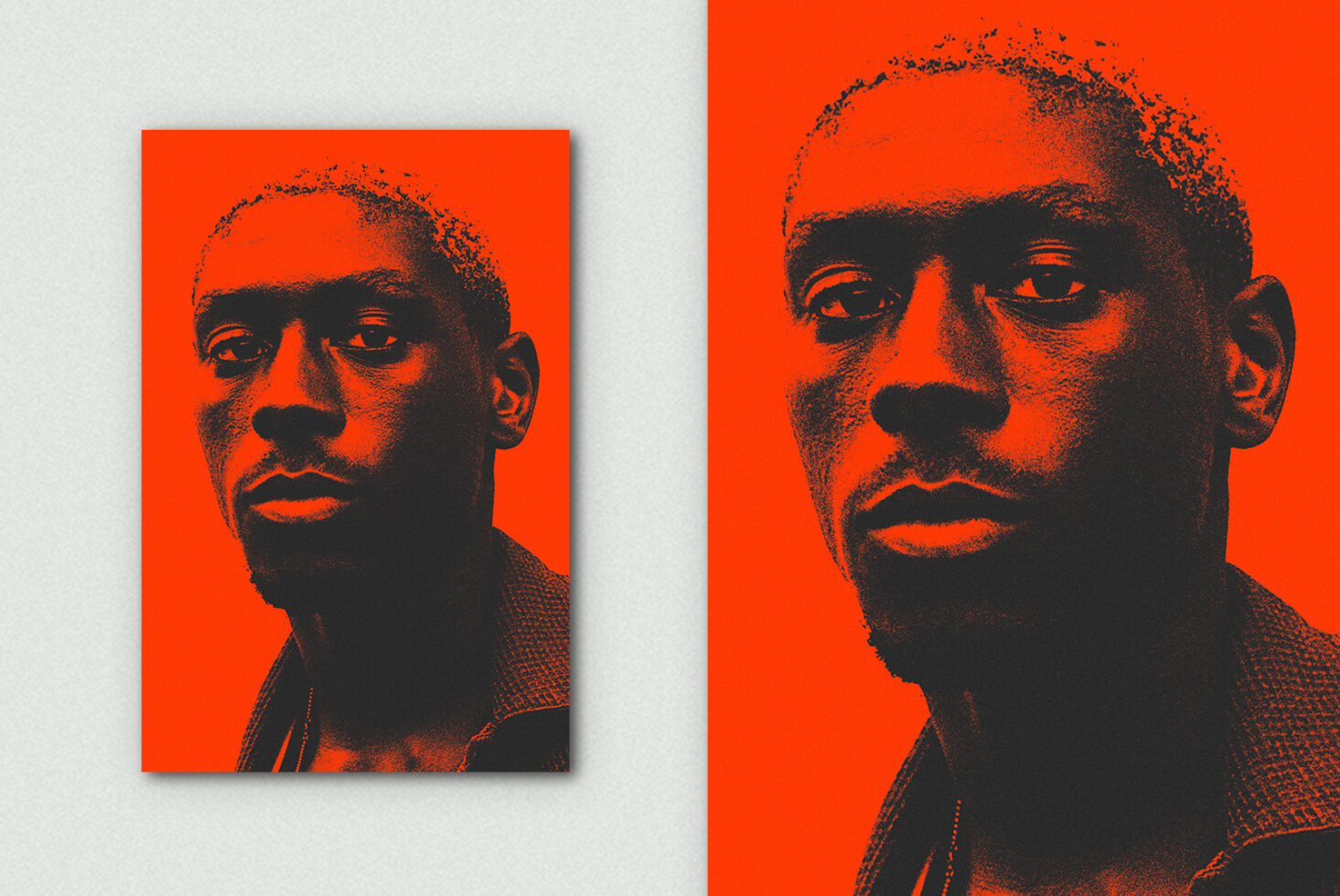 High contrast portrait mockup in orange, black halftone style on dual sizes