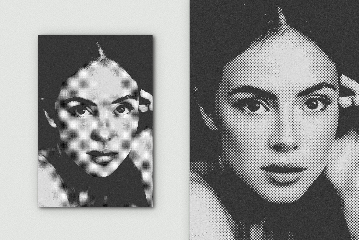 Two grayscale halftone portraits with fine dot pattern creating high-contrast effect