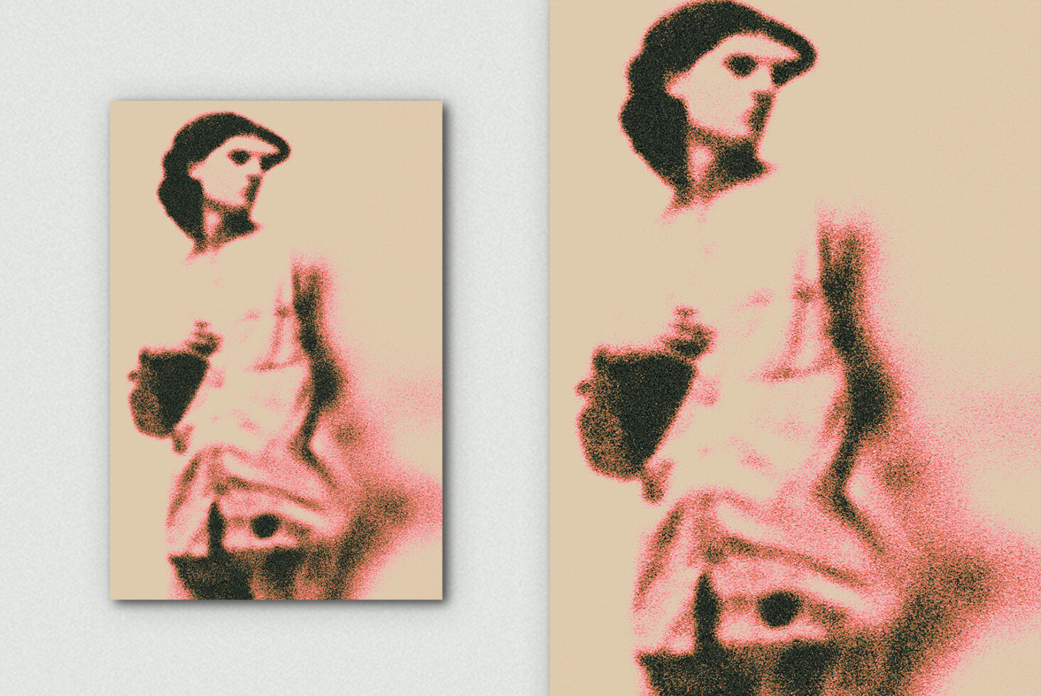 Pixelated grain distortion portrait with beige background, person holding object