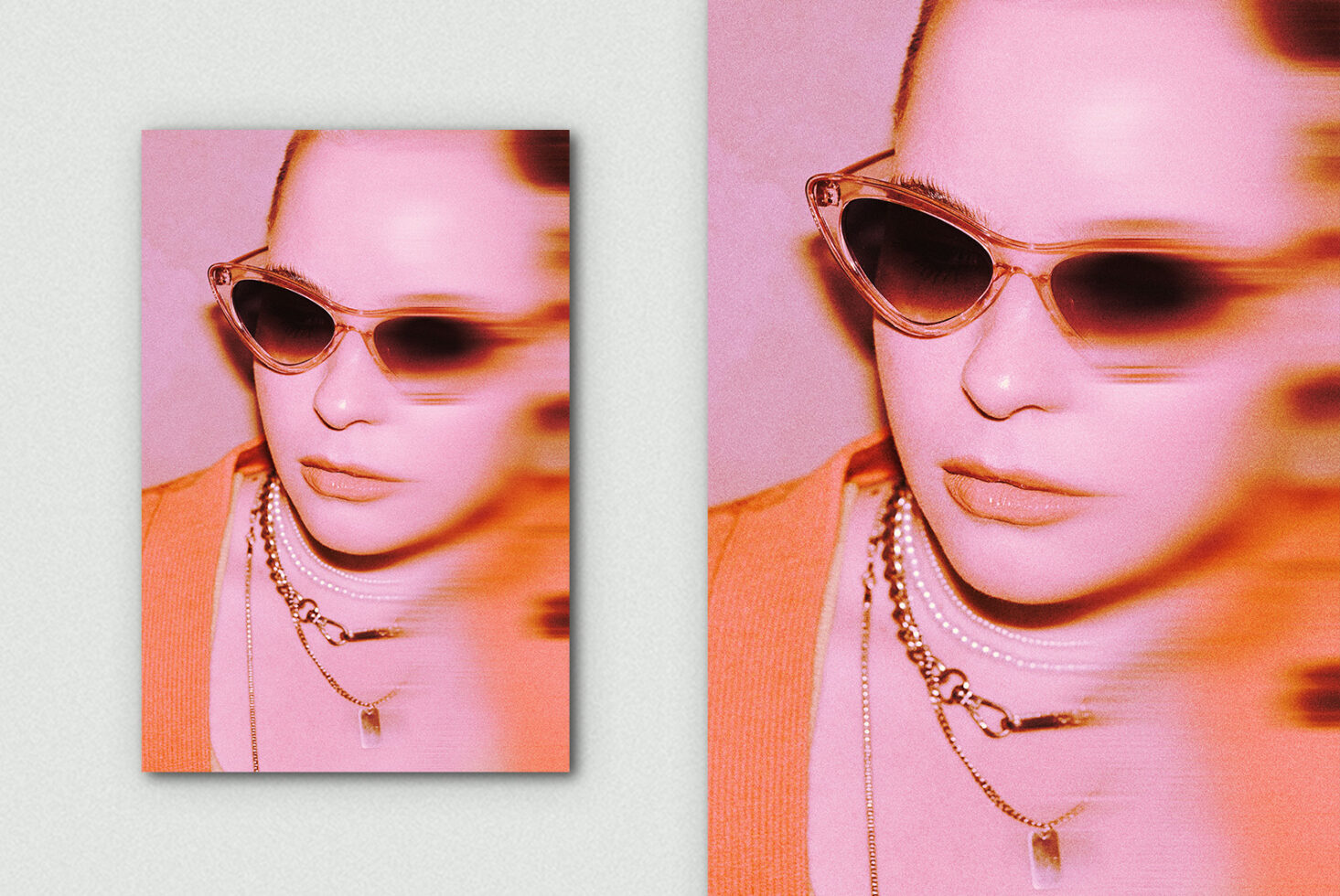 Soft focus portrait woman wearing cat eye sunglasses chain necklace pink orange tones