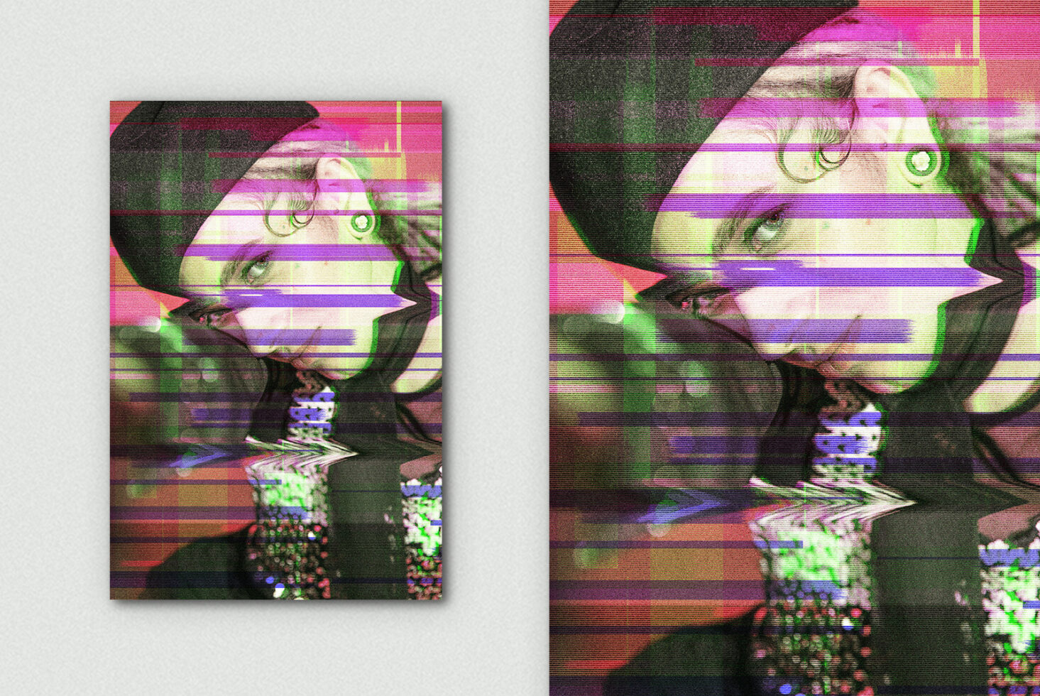Y2K glitch portrait with colorful scanlines woman holding sparkly cup