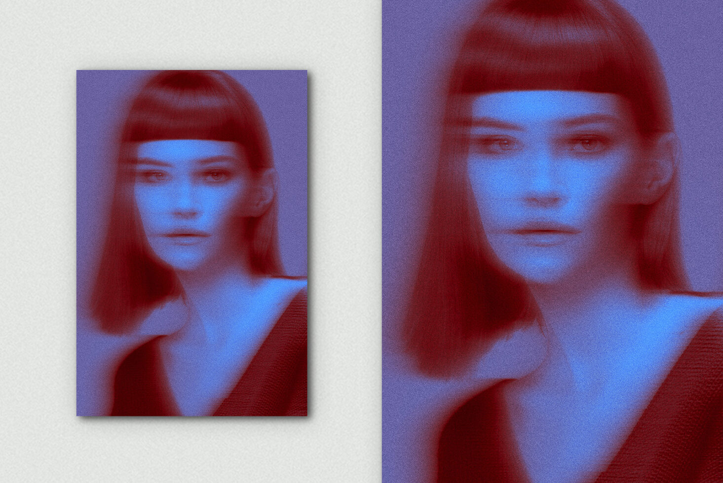 Duotone blue red portrait mockup with woman wearing bangs, close-up headshot style
