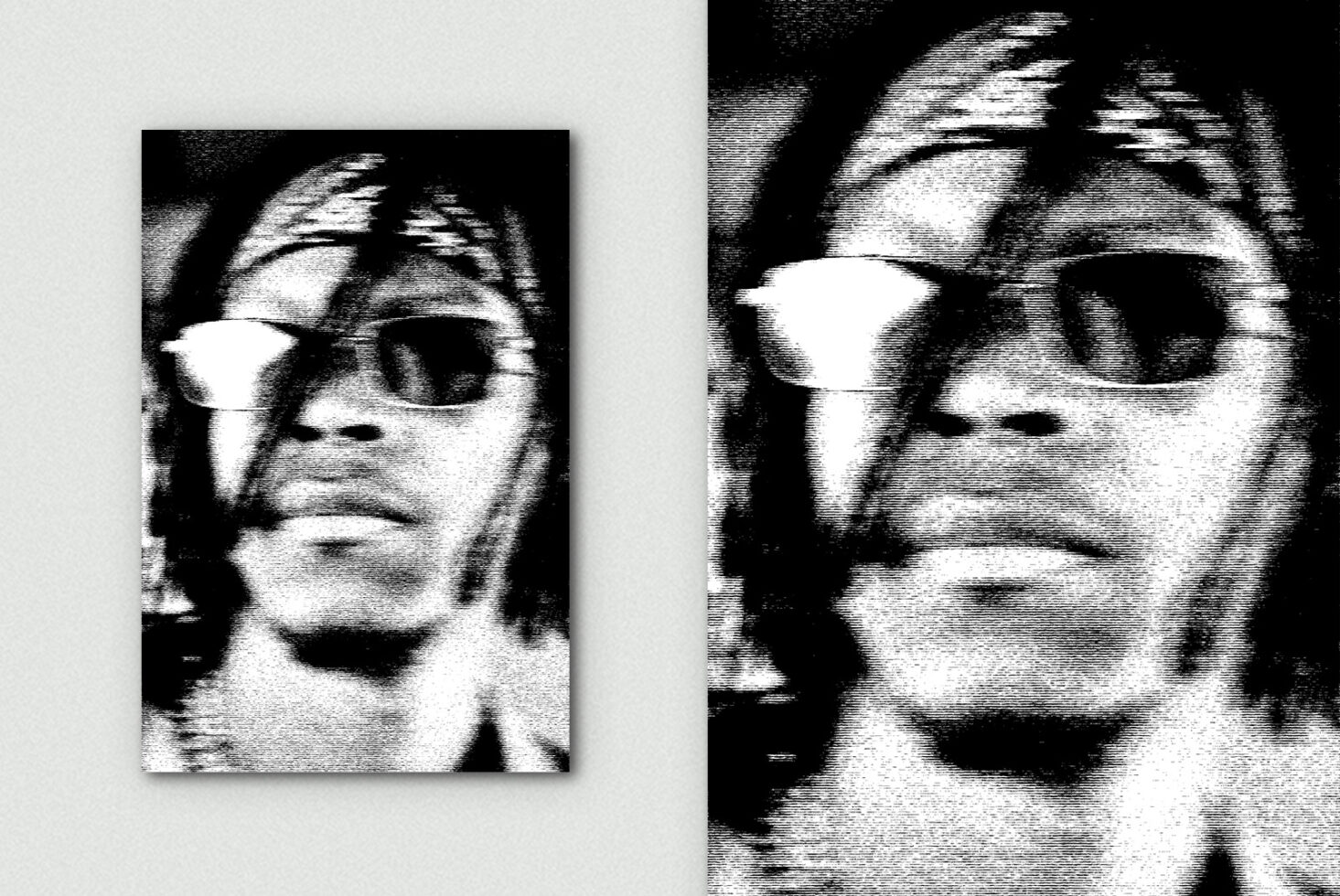 Grainy black-white close-ups showing pixelated portrait treatment