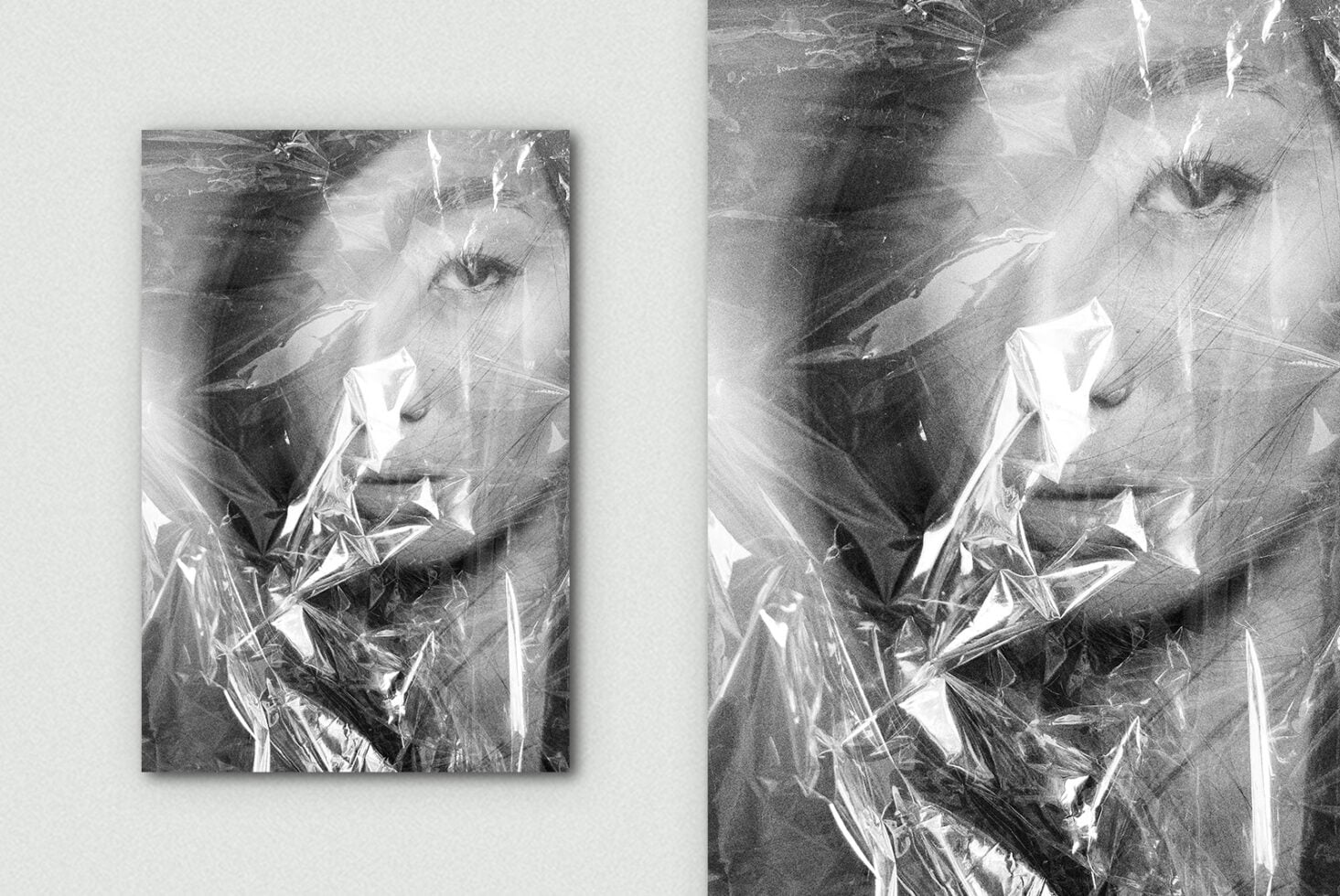 Duotone image of face covered in shiny plastic wrap with bright highlights