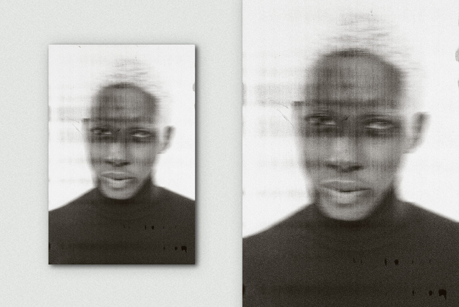Two blurry black-white portrait photos side by side with motion blur effect
