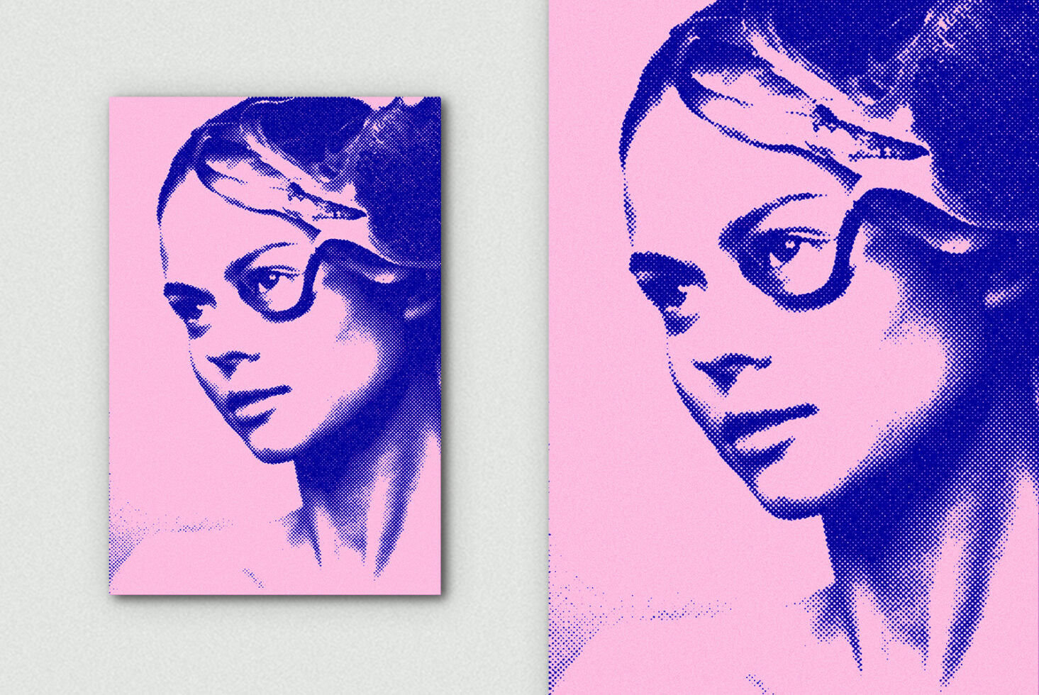 Halftone portrait effect pink background blue dots person with glasses
