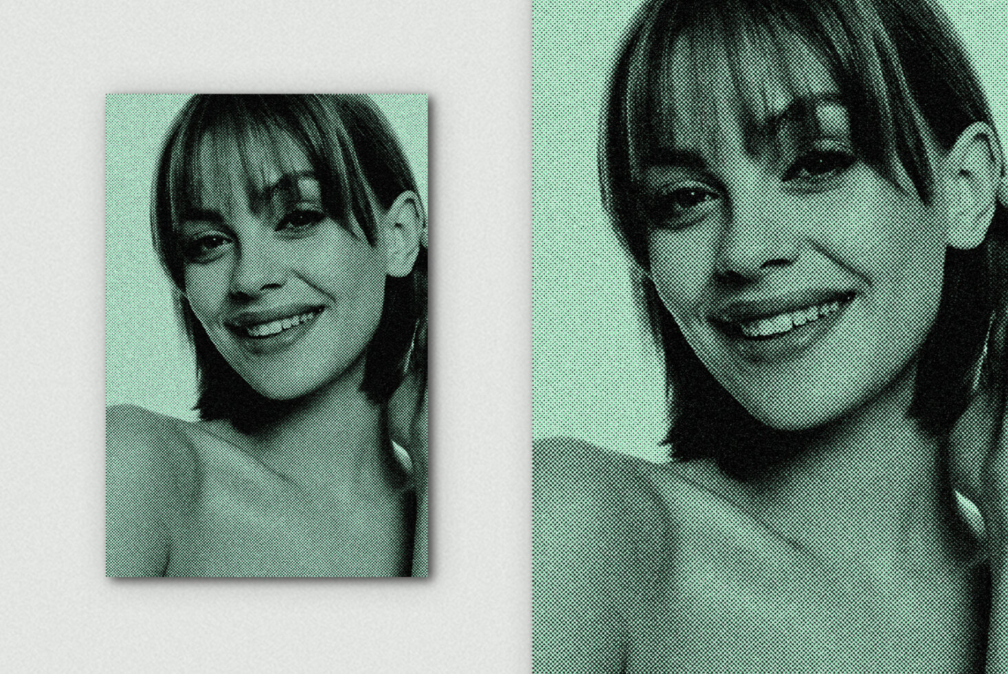 Two portrait photos with mint halftone effect, woman with sunglasses on left side