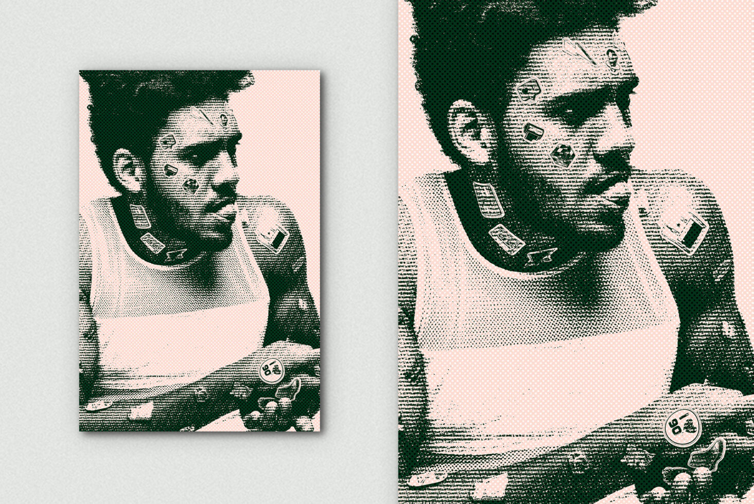 Retro halftone portrait with dark green, cream tones, dotted texture, vintage vibes throughout