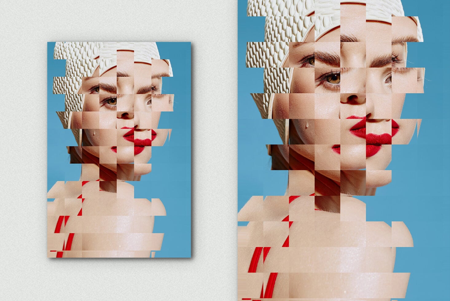 Glitch art portrait with offset fragmented blocks against bright blue background