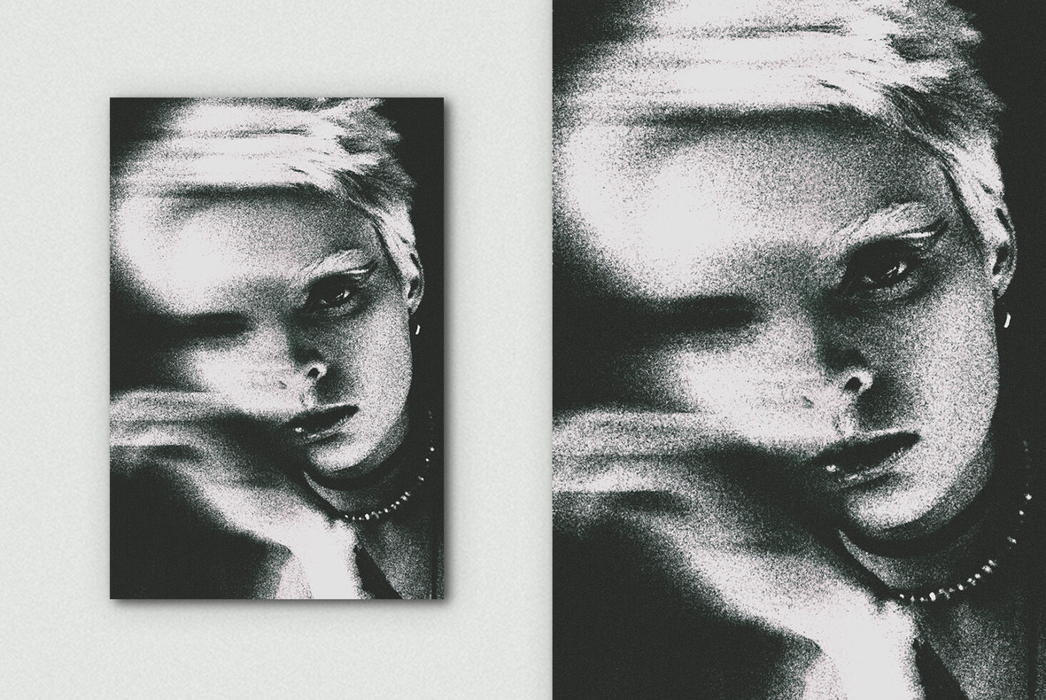 Grainy black white portrait diptych with halftone grain overlay two sizes