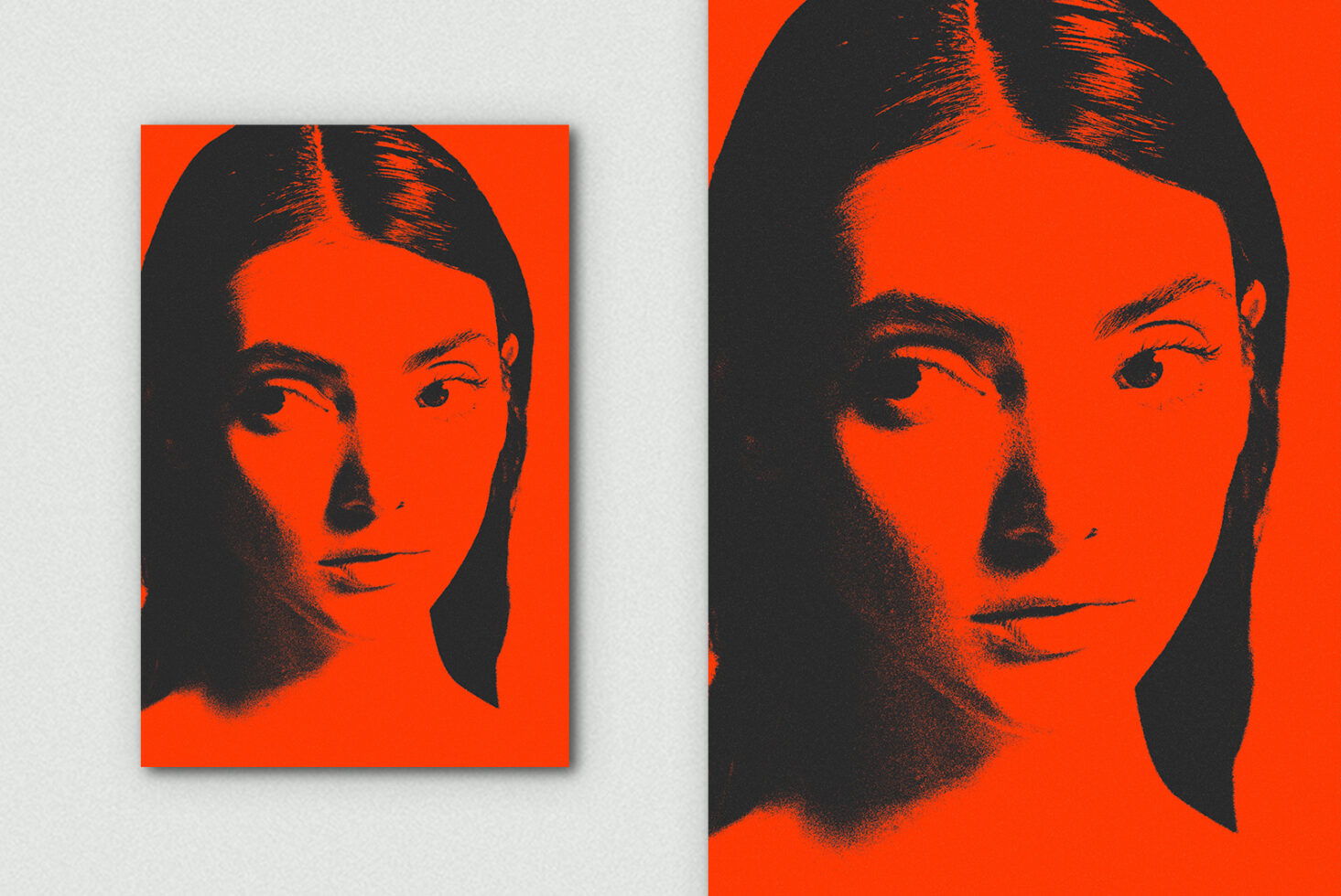Pop art portrait mockup in bright orange, black on canvas with size variation