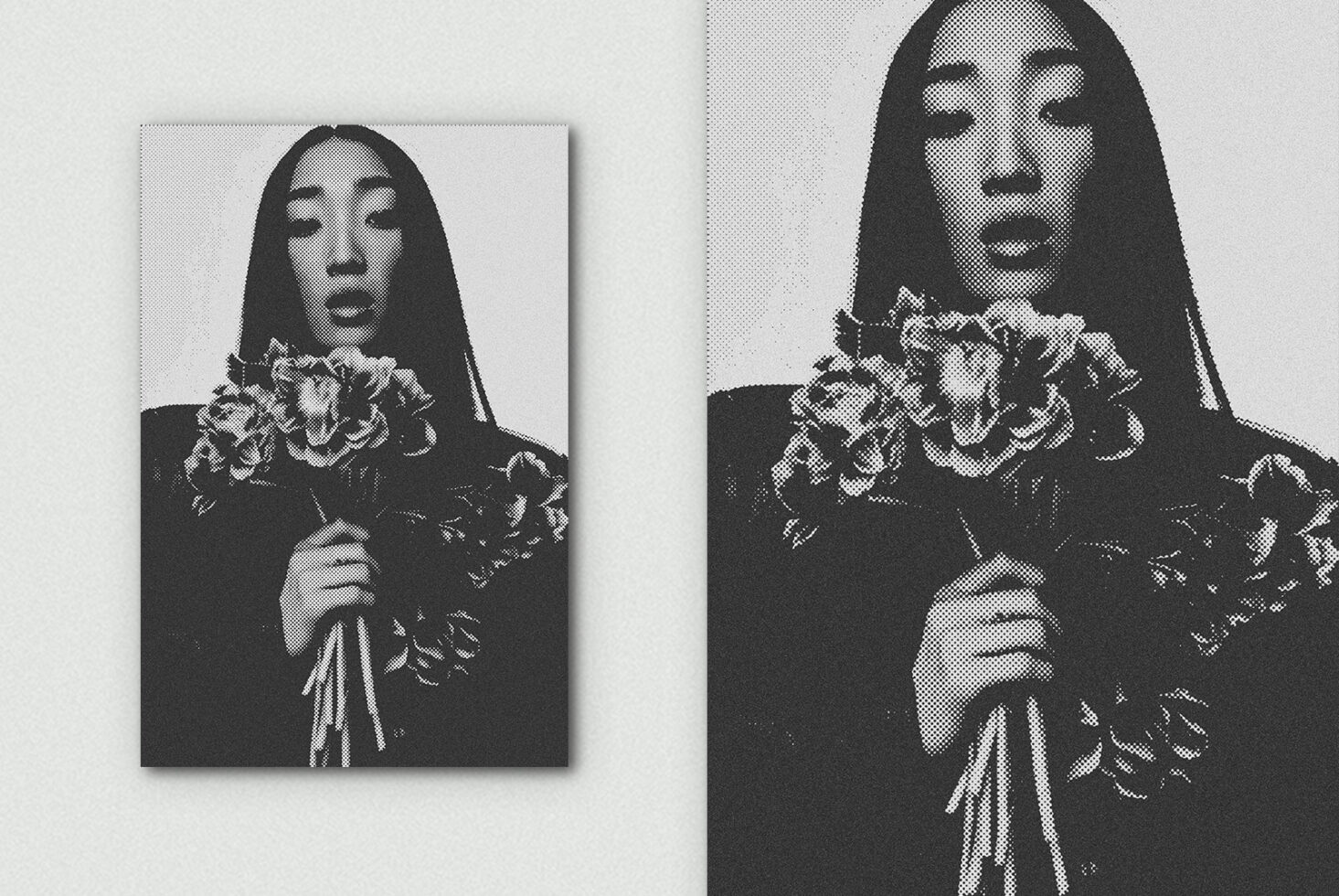 Two grayscale halftone portraits with dotted texture effect, person holding flowers