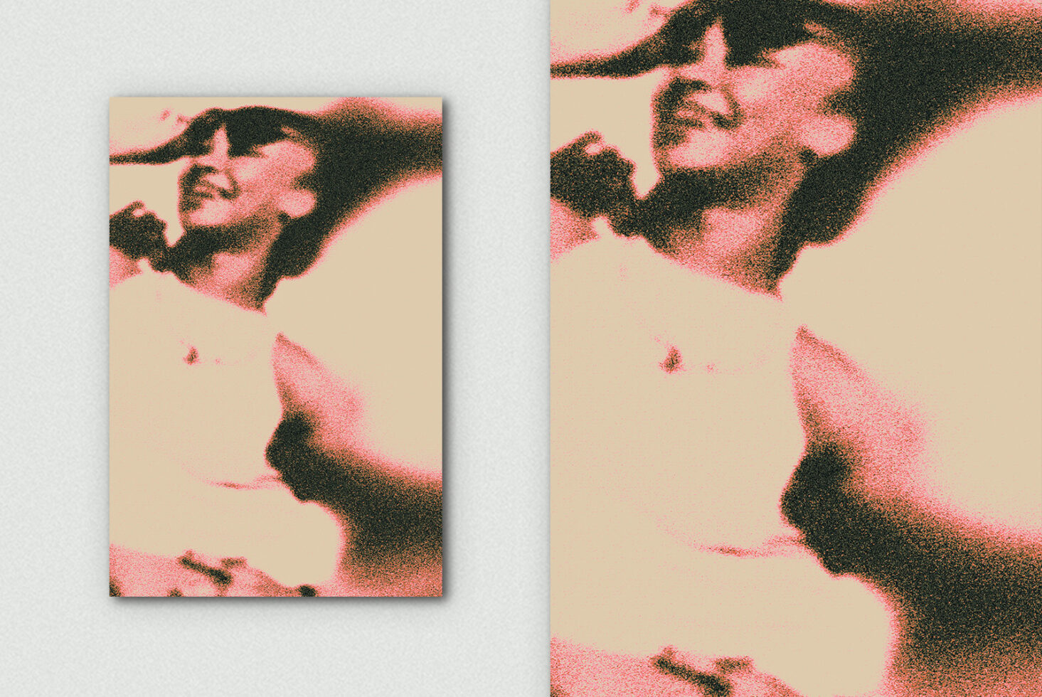 Grainy pink black portrait effect on cream background showing fragmented faces