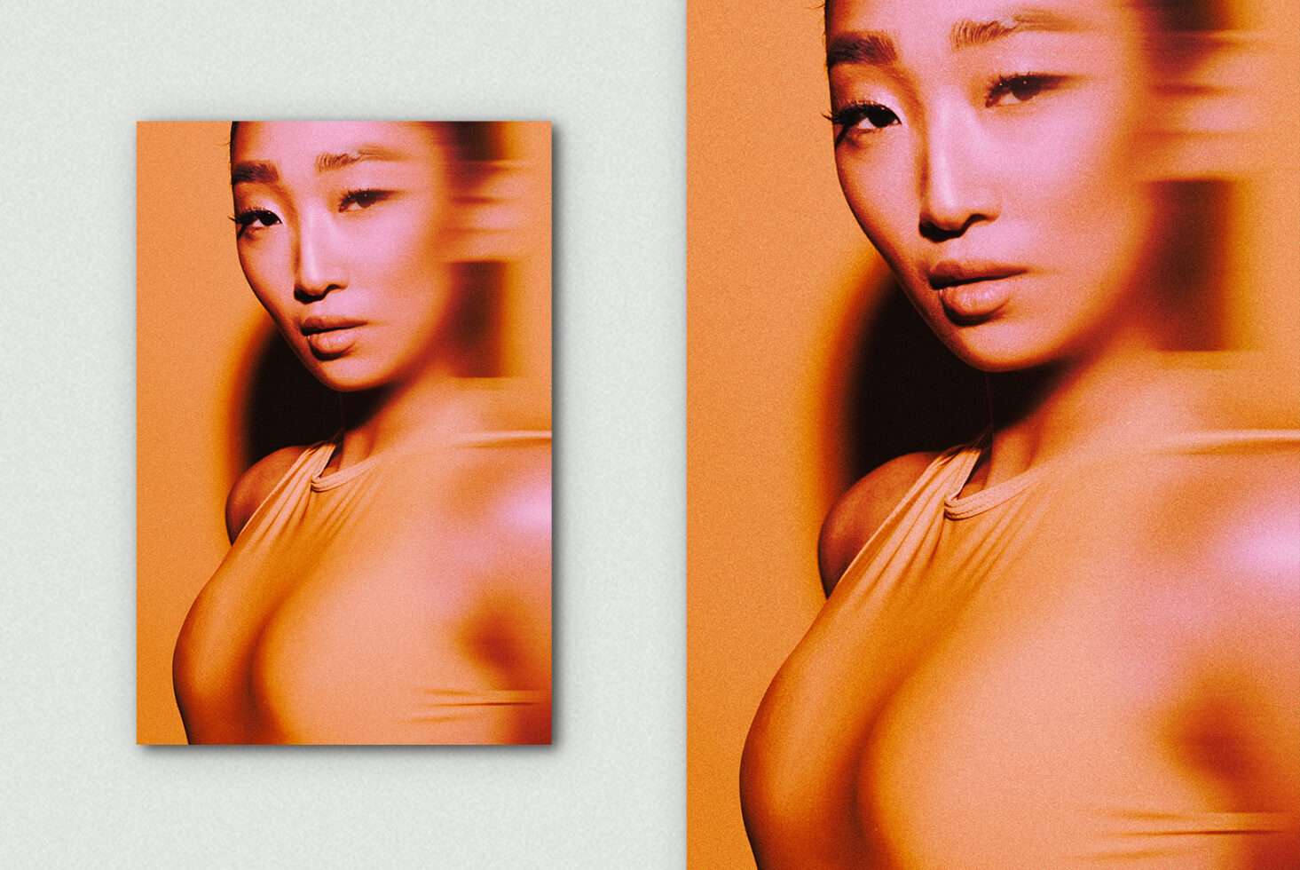 Warm orange peachy toned portrait of woman looking downward soft lighting