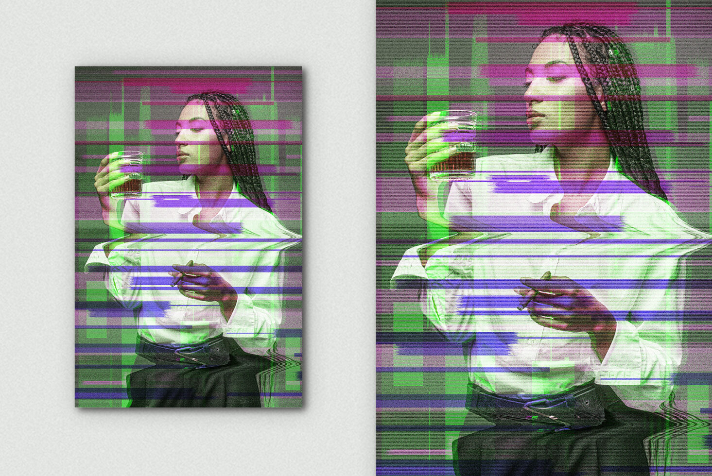 Glitch art of woman holding books with neon green purple horizontal lines
