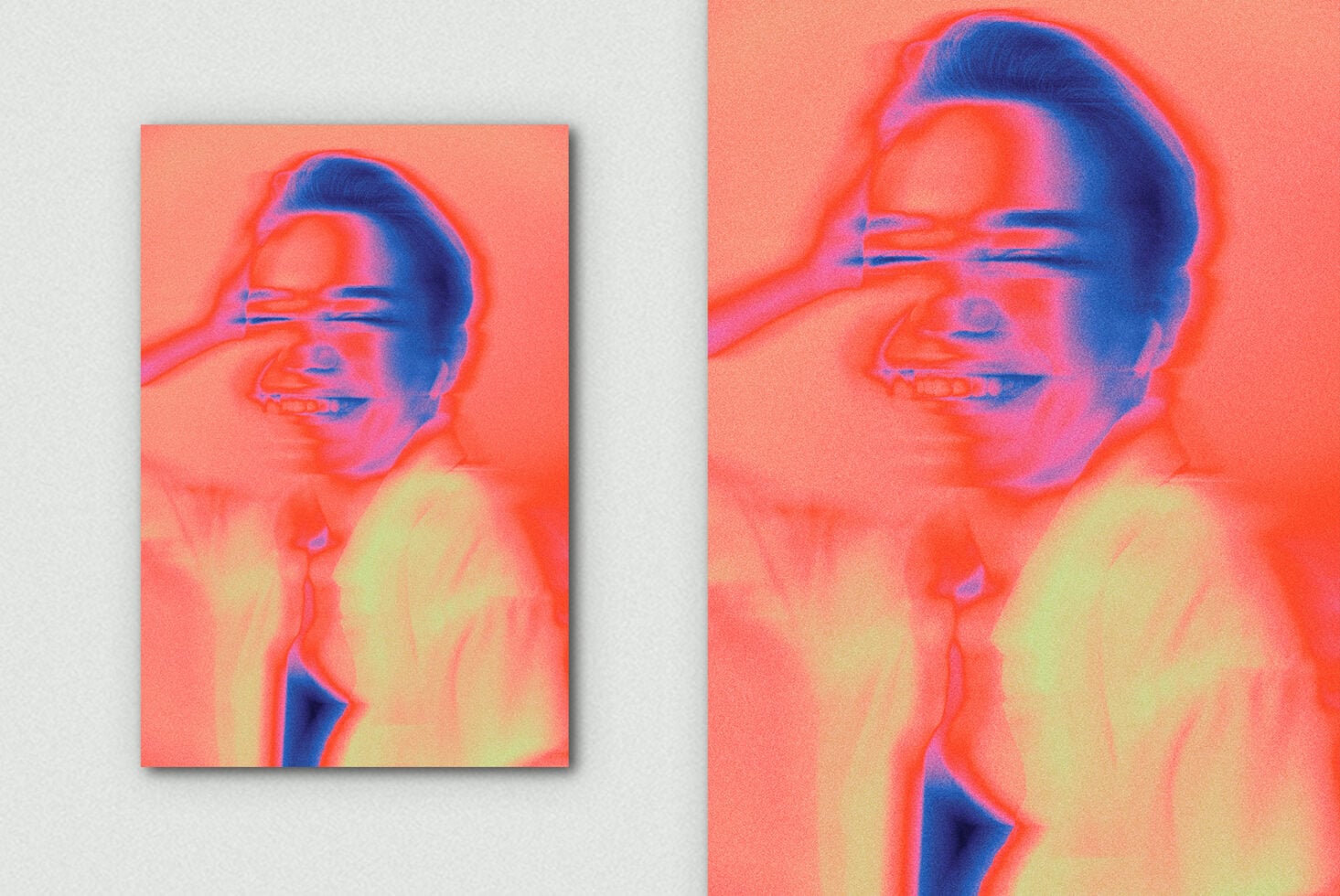 Thermal effect portrait in coral, red, blue with neon color distortion