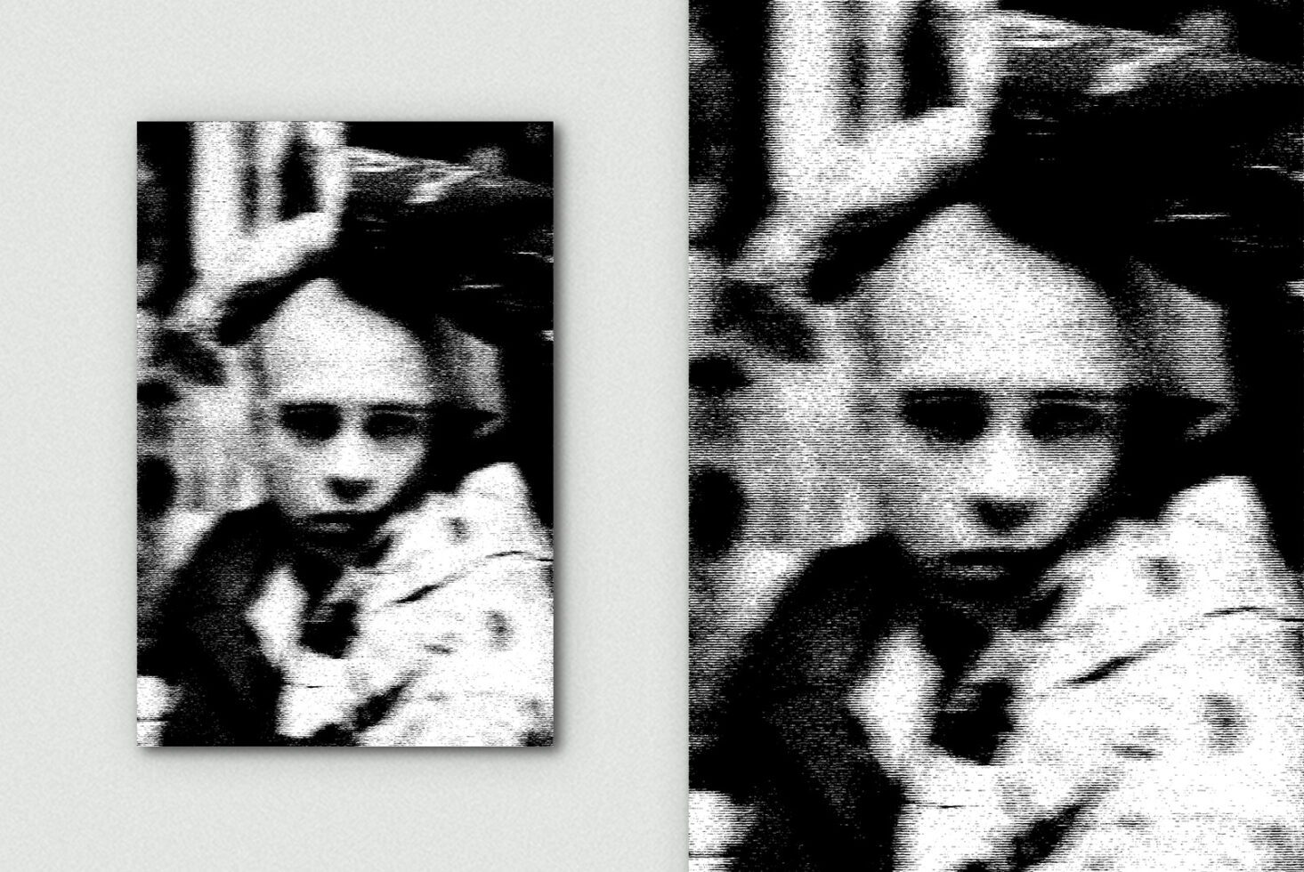 Heavily pixelated black-white portrait duo with scan line effect