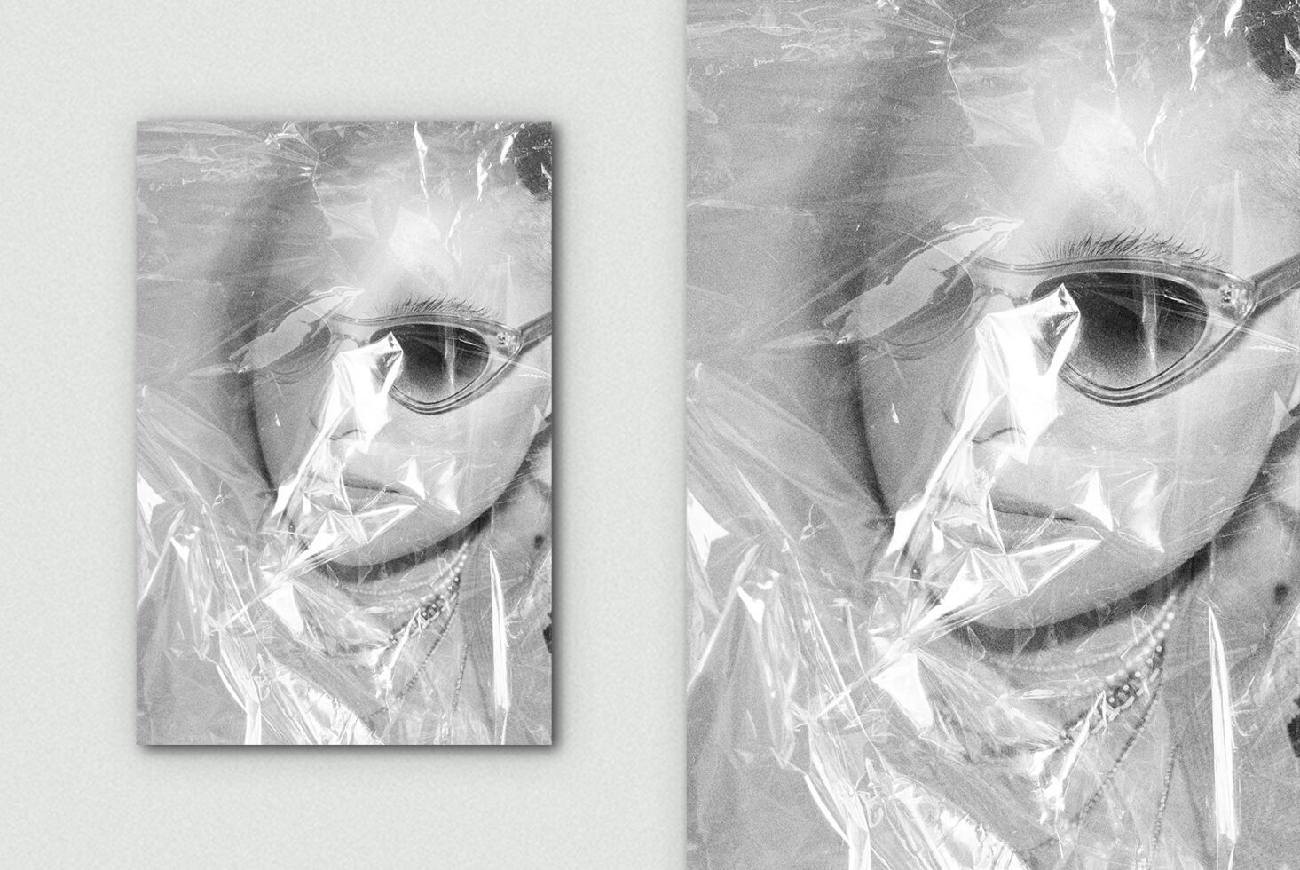 Black-white portrait wrapped in crinkled plastic with light reflections detail