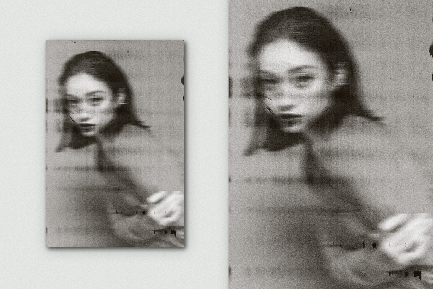 Grainy black white blurred portrait photos showing film grain texture