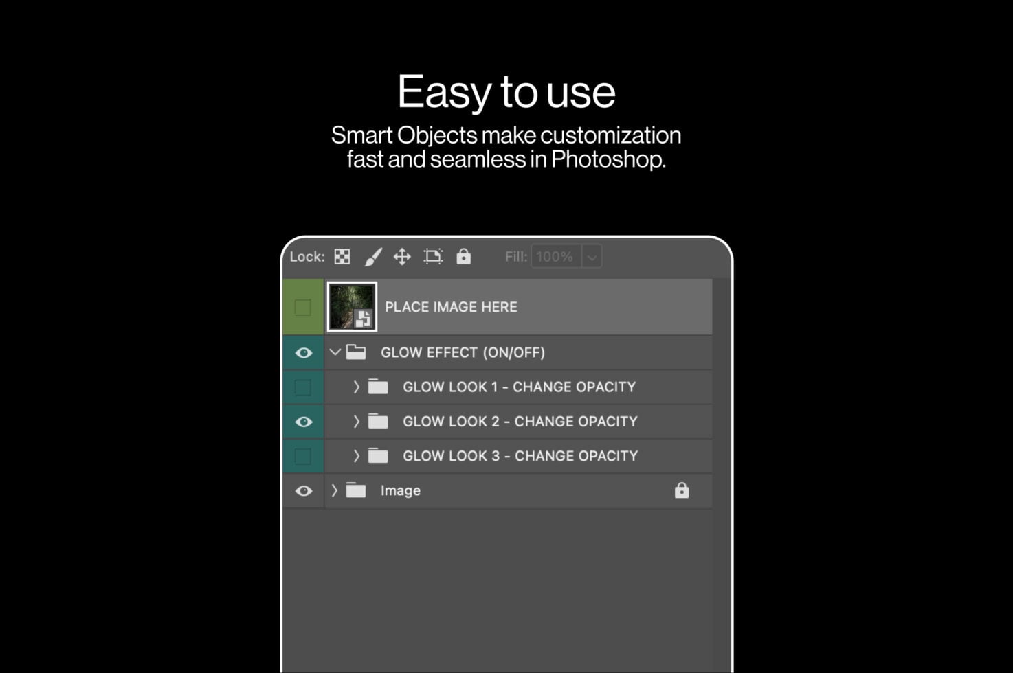 Photoshop smart objects panel showing glow effect layers with opacity controls