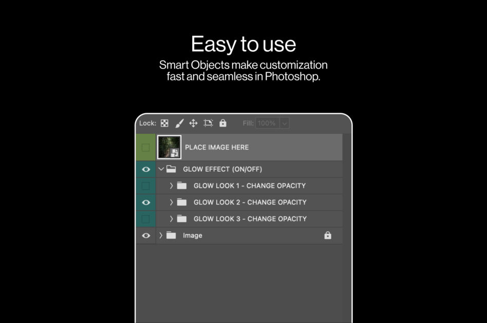 Photoshop smart objects panel showing glow effect layers with opacity controls