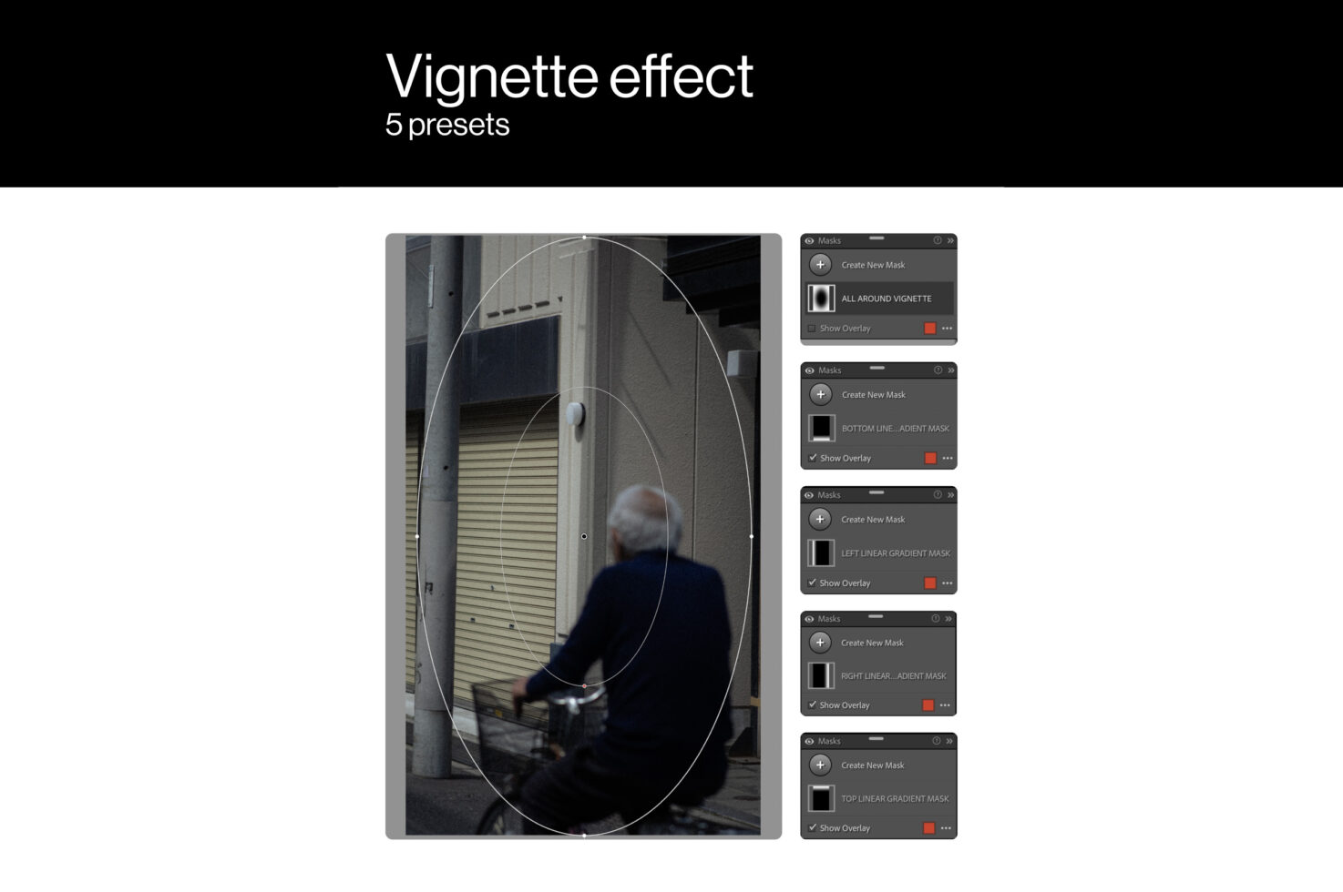 Vignette effect masks shown in Photoshop with street portrait photo demonstration