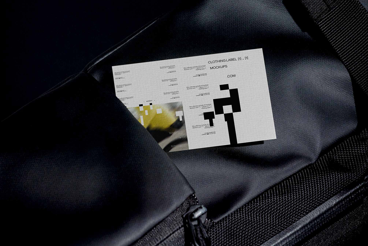 Clothing label mockups spread on dark fabric showing white layout templates with black design elements