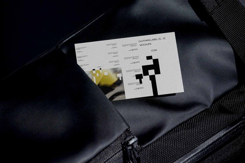 Clothing label mockups spread on dark fabric showing white layout templates with black design elements