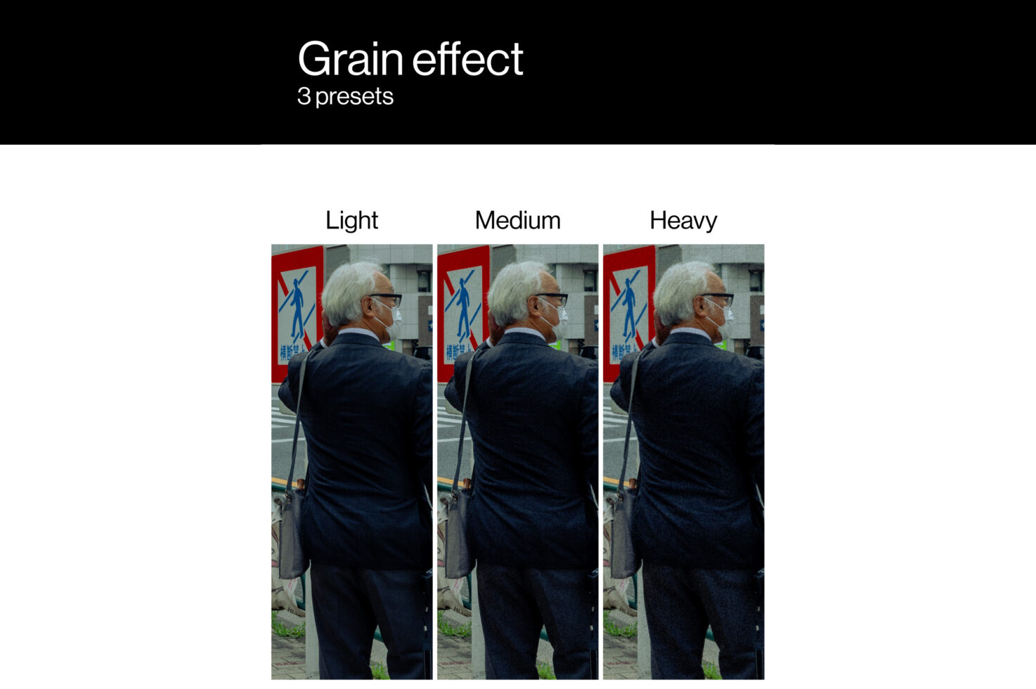 Same portrait in light, medium, heavy grain effect variations side by side