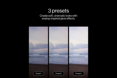 Soft beach sunset photo repeated 3 times showing different analog glow presets