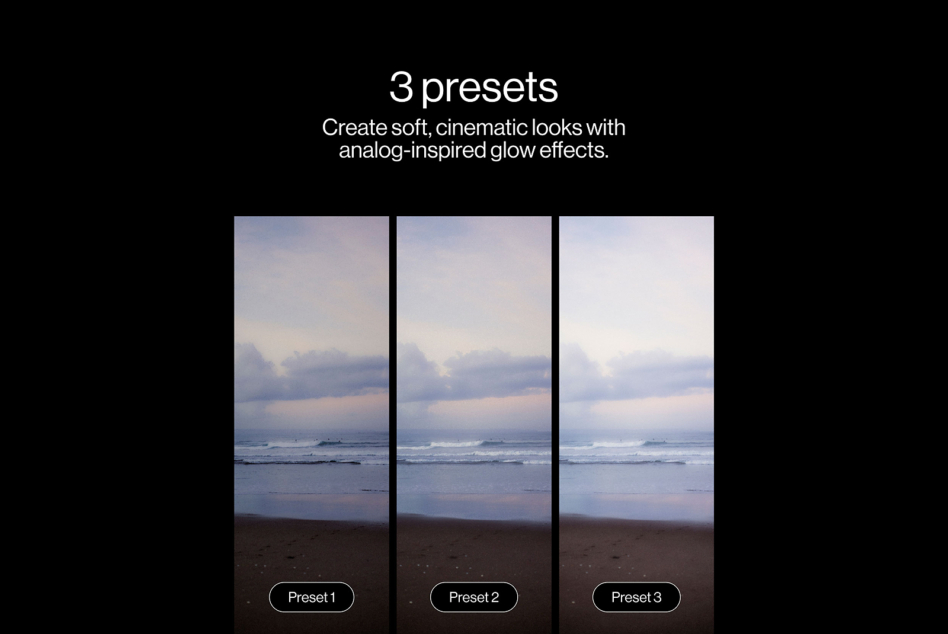 Soft beach sunset photo repeated 3 times showing different analog glow presets