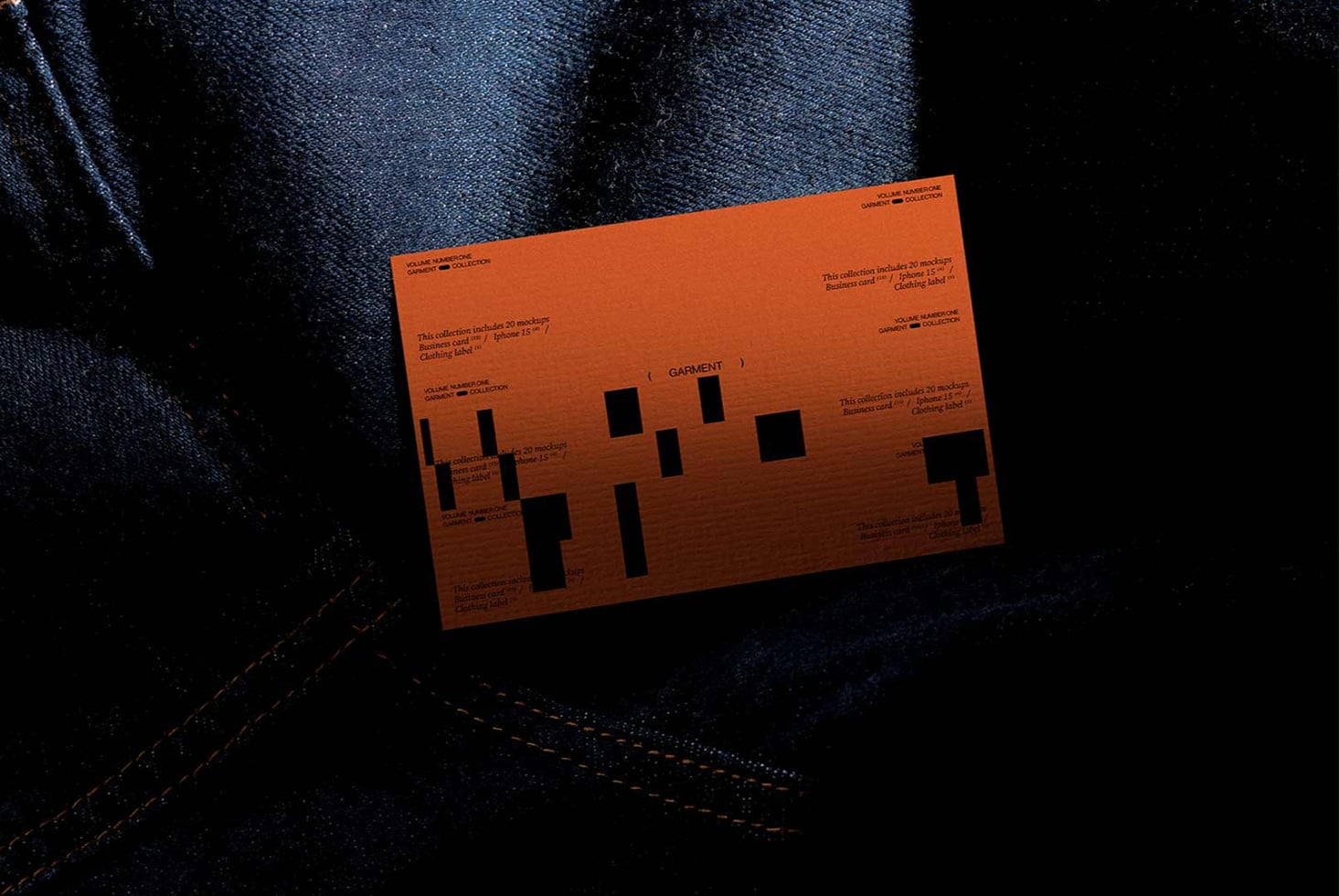 Garment collection mockup card on denim in burnt orange with black typography on fabric