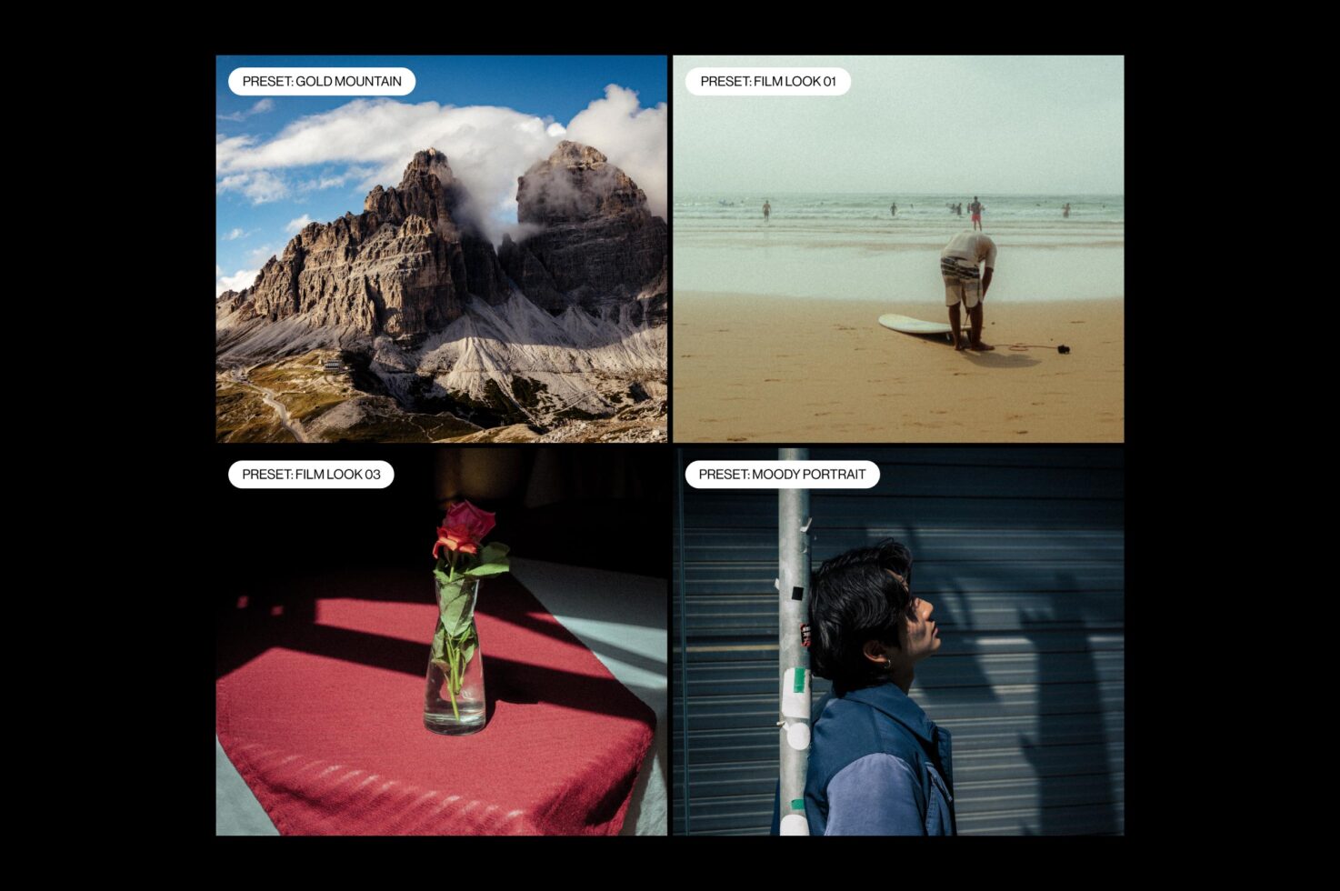 Four film look presets showing mountain, beach, rose, port moody styles