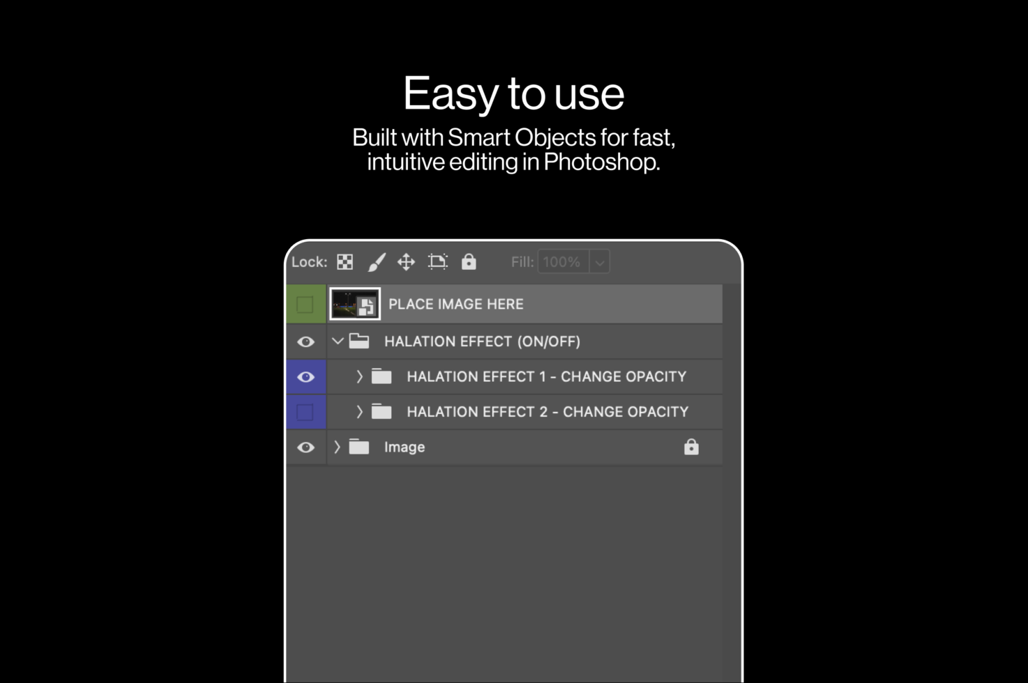 Photoshop smart objects panel with halation effect layers, opacity adjustment options