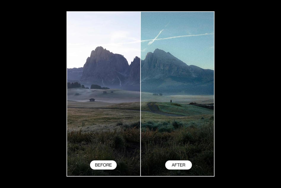 Mountain landscape before after split showing cool teal color grade applied