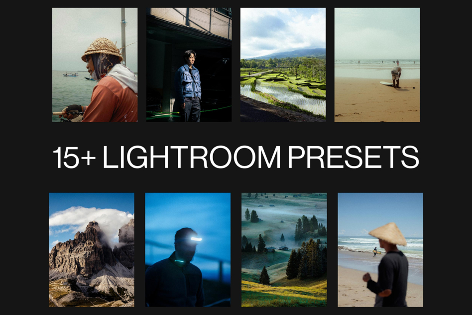 Collection of 15 plus Lightroom presets with travel portraits, nature scenes