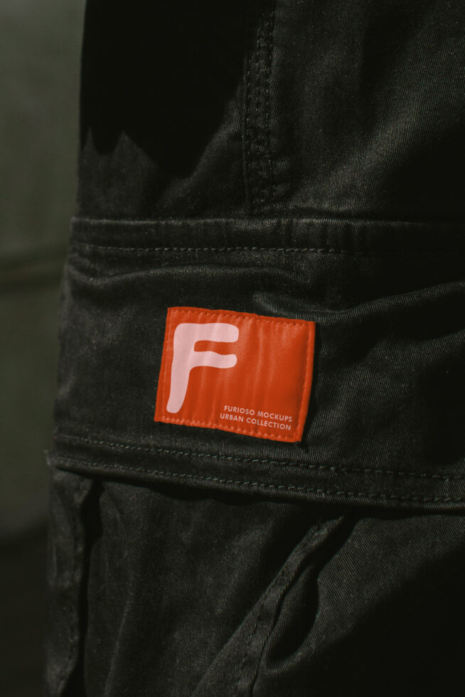 Orange woven label with F logo stitched onto black fabric sleeve