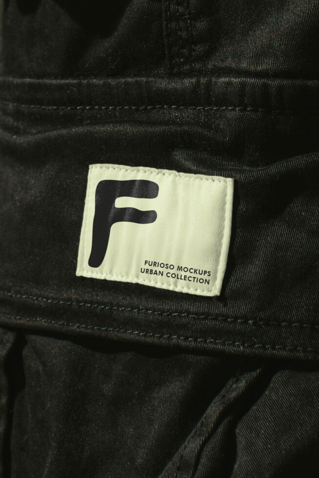 Close up of cream fabric label on black garment reading Furioso Mockups Urban Collection