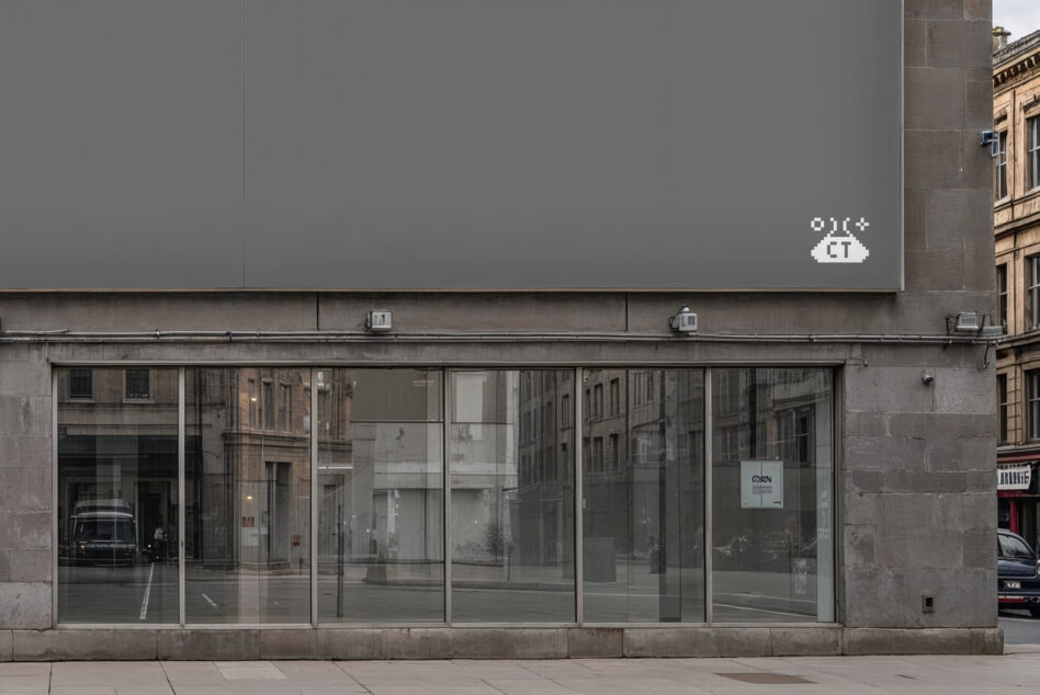 Storefront with gray blank billboard above glass windows on urban street