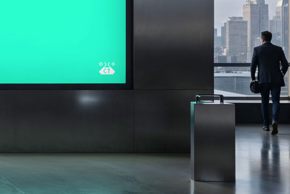 Modern office interior with bright cyan display panel featuring pixel eye symbol