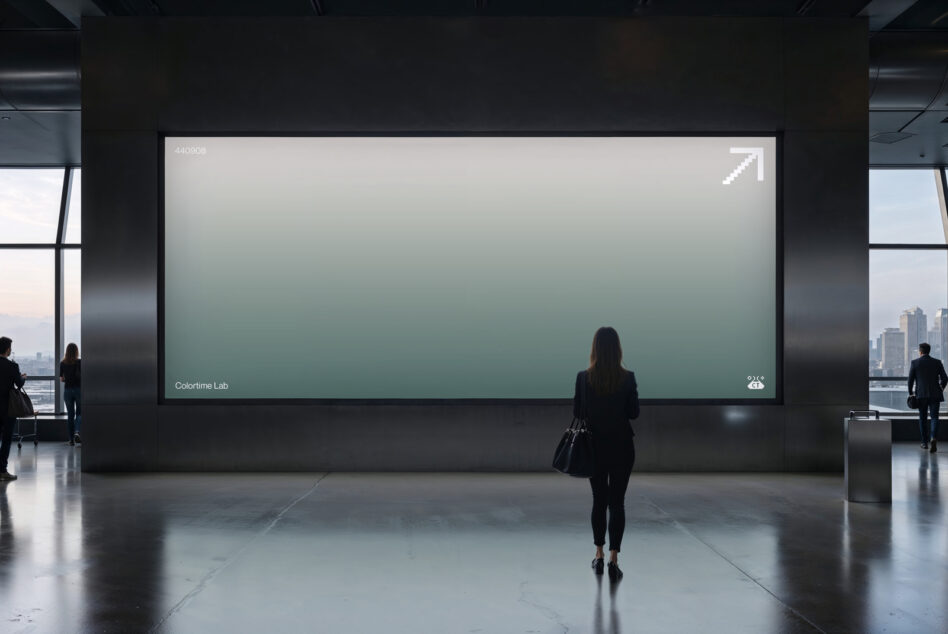 Woman standing before blank teal gradient billboard in minimalist gallery space