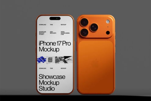 Orange iPhone 17 Pro mockup with white screen next to matching orange phone case