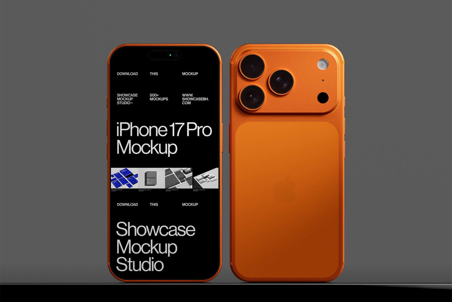 Orange iPhone 17 Pro mockup with black screen next to matching orange phone case